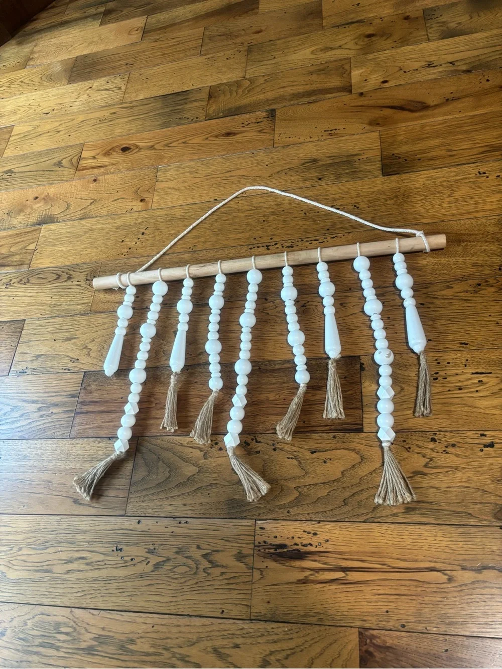 Boho White Beaded Wall Hanging with Tassels - White and Brown